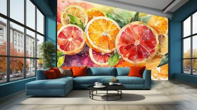 Abstract colorful watercolor summer fruits illustration background. Sweet fresh and healthy citrus food plant diet, delicious tropical art Wall mural