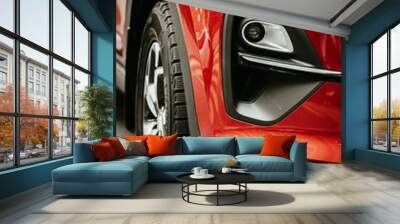 Beautiful red car. Automotive theme. Polished surface. Car wash Machine poster. Automotive industry. Wall mural