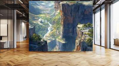 Canyon landscape with steep cliffs and a winding river far below Wall mural