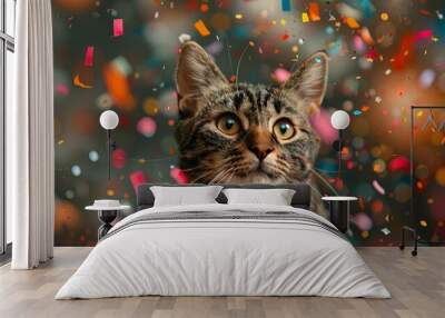 Cat with flying confetti, bithday party Wall mural