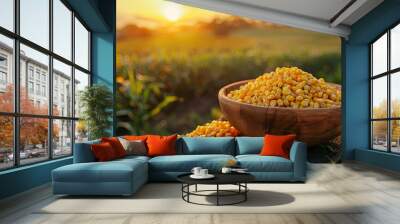 Closeup of yellow ripe corn in wooden bowl on table surface, blurred nature green field at sunset in the background. Organic healthy food, copy space, raw maize grain or cereal, plant harvest Wall mural