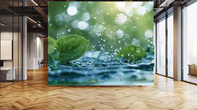 Illustration of water drops splash on surface with green nature leaf leaves background. Liquid droplet, wet pure transparent rain, ecology and environment purity concept, freshness drink Wall mural