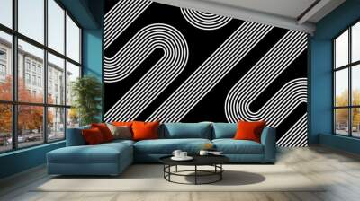 Modern monochrome abstract background of white curves parallel lines on a black background. Vector illustration Wall mural