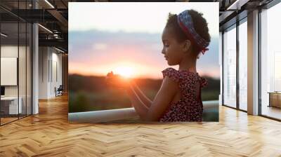 Photo at sunset. The child holds the sun in his palms. Against the background of the landscape. Portrait. Mixed race person, afro hair. The concept of happiness, stop racism, vacation, life, nature. Wall mural