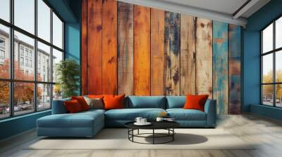 Processed collage of colored old wood planks material texture. Background for banner, backdrop Wall mural