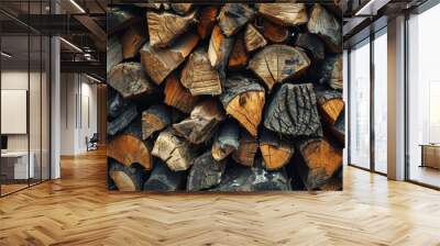 Processed image of pile of chopped fire wood prepared for winter. Firewood dry chopped background Wall mural