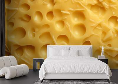 Processed texture of radomer or maasdam yellow cheese with large holes close up. Detailed photo of cheese surface Wall mural