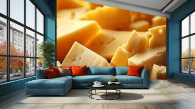 Processed texture of radomer or maasdam yellow cheese with large holes close up. Detailed photo of cheese surface Wall mural