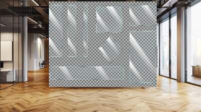 Set of reflective glass plate or banner. Rectangular transparent windows of various shapes and sizes with light reflections. Realistic vector illustration isolated on transparent background. Wall mural