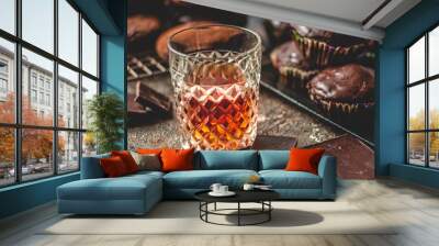 Whiskey on a background of chocolate donuts and the chocolate. Wall mural