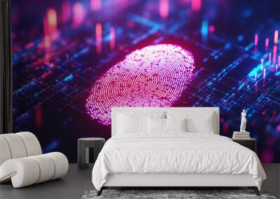  digital image of a fingerprint with a pink outline. The image is a representation of a fingerprint and is in a futuristic, colorful style Wall mural