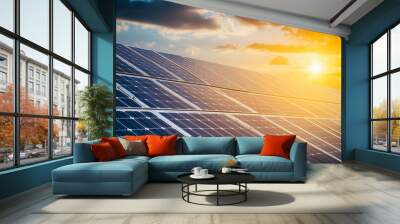  solar panel array is shown with the sun shining on it. Concept of energy and sustainability, as solar panels are a renewable source of power. The sun's rays are reflected off the panels Wall mural