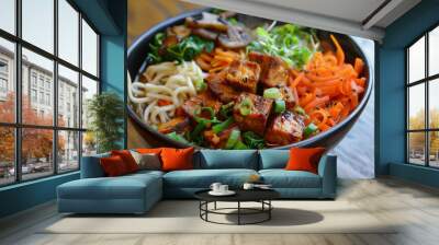 A bowl of food with a lot of vegetables and meat. The bowl is white and has a lot of different colors Wall mural