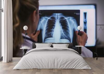 A doctor is holding a chest x-ray of a patient's lungs. Concept of concern and care for the patient's health Wall mural