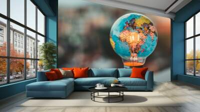 A globe is lit up inside a light bulb. The globe is surrounded by a blurry background Wall mural