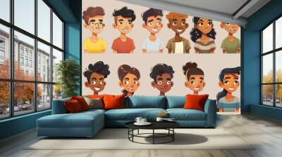 A group of cartoon faces with one of them wearing glasses. The faces are arranged in a row and are of different colors and styles Wall mural