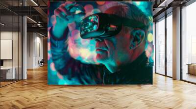 A man wearing a VR headset is standing in a dark room. The room is illuminated with blue lights, creating a futuristic atmosphere. The man is in a virtual world Wall mural