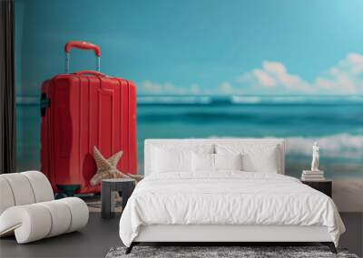 A red suitcase is on the beach.  The scene is peaceful and relaxing, with the ocean in the background Wall mural