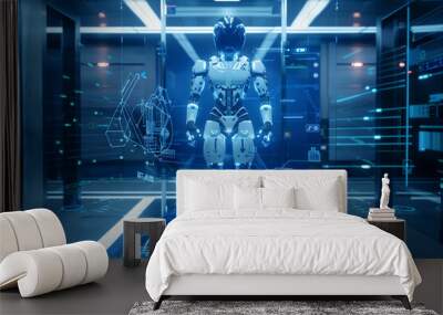 A robot is standing in a room with a blue background. The robot is surrounded by wires and circuits, giving the impression of a futuristic setting. Scene is one of technology and innovation.  Wall mural