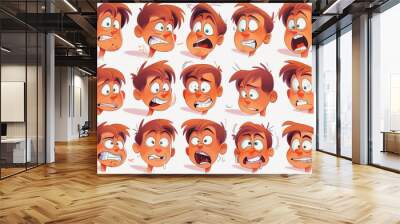 A series of cartoon faces with one of them having a mouth open and a tongue sticking out. The rest of the faces have different expressions, such as a frown, a smile, or a surprised look Wall mural