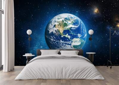 blue and white planet with a white cloud in the sky. The planet is surrounded by stars and the sky is dark Wall mural