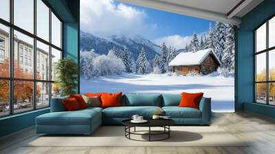 cabin in the woods with snow on the ground. The cabin is surrounded by trees and the sky is blue. The scene is peaceful and serene Wall mural