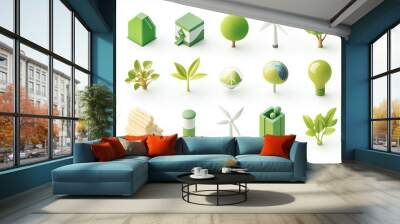 collection of green icons, including trees, houses, and windmills, symbolizing the importance of environmental sustainability Wall mural