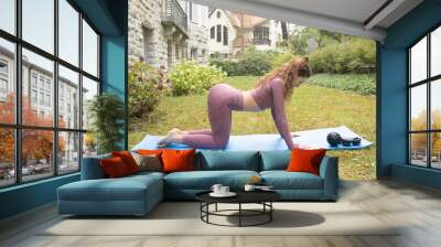 Fit young woman training on mat outdoor summer day, performing reverse plank stretching spinal muscles, doing fascia exercise. Wall mural