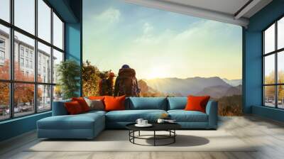 Lover woman and man Asian travel nature. Travel relax. Natural Touch countryside. On the Moutain. Thailand Wall mural