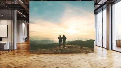 lover women and men asians travel relax in the holiday. Photograph mountain landscapes atmosphere in the morning. In the winter. In Thailand Wall mural