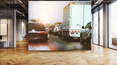 Traffic, cars on highway road on the countryside on sunset evening. car street road traffic transport, Cars on busy road driving. Wall mural