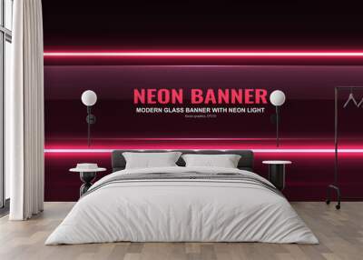 Rectangular glass banner. Transparent billboard with neon lights. Vector illustration. Wall mural