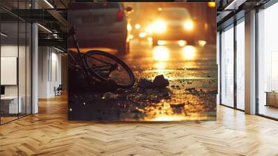 A bicycle accident on a city street in the early morning, a fallen bike and things scattered on the ground. A car with its headlights on is visible in the background. Wall mural