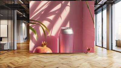 An advertising 355 ml beverage tin with an image of a pomegranate and a green plant. With a place for the text. Wall mural