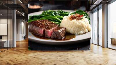 An exquisite keto dinner with perfectly cooked steak, cauliflower puree in creamy sauce and stewed spinach. Wall mural