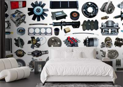 Auto parts on a white background. A set with many isolated items for a store or secondary market. Wall mural