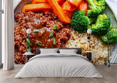 Beef with Harissa sauce, baked broccoli, carrots and tricolor quinoa. Wall mural