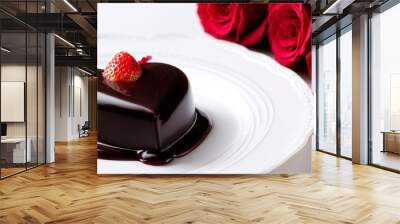 Chocolate heart-shaped cake with strawberries and chocolate sauce on a plate decorated with roses and a rose on the edge of the plate. Wall mural