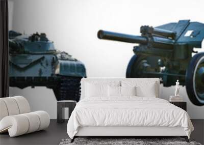 Collage of old military equipment tanks and artillery guns on an isolated white background Wall mural