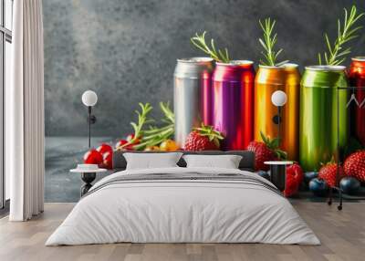 Commercial photo of tin cans for drinks. Colored aluminum cans with fresh berries and rosemary on a gray background. Wall mural