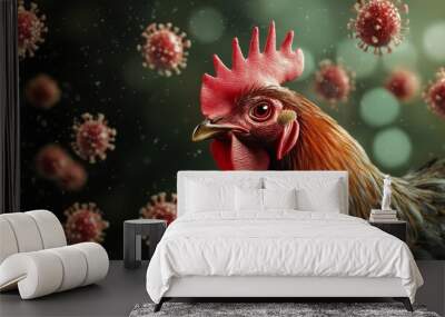 Commercial photo. A chicken surrounded by avian flu viruses. Wall mural