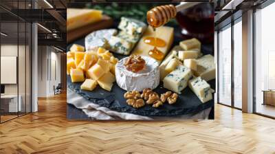 Delicious cheese slices from different types on the festive serving table. The concept of catering. Wall mural