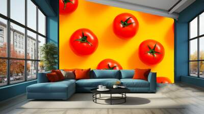 fat tomatoes in different directions on bright yellow background  Wall mural