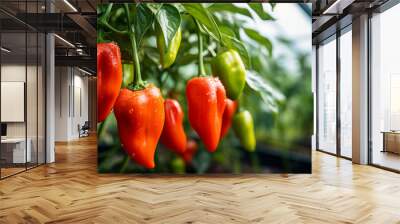 Growing organic red peppers in a greenhouse. The concept of growing organic food by farmers. Wall mural