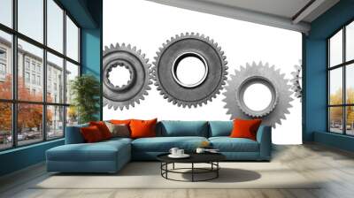 Metal gears, cogwheels isolated on white background collage. Spare parts banner. Wall mural