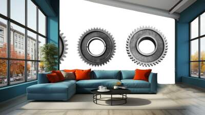 Metal gears isolated on white background collage. Steel industrial gears banner with copy space for text. Wall mural