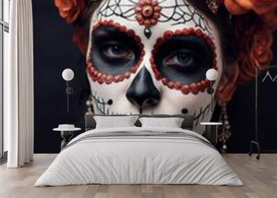 Portrait of a woman with elaborate sugar skull makeup and floral crown.  Wall mural