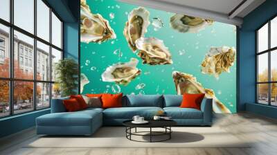 Promotional photo of oysters flying in the air on a minimalistic background of rich bright green color. Wall mural