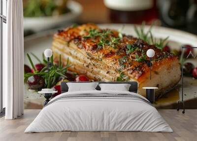 Roast pork belly with cranberries, pickled green tomatoes. Wall mural