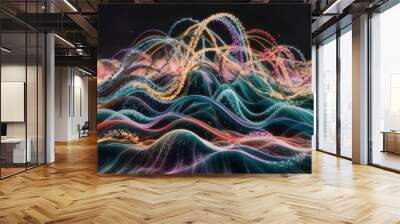 The background is in the form of bright, intertwining waves of light.
The particles rise and fall in a harmonious and at the same time chaotic dance reflecting the complex interaction of energy. Wall mural